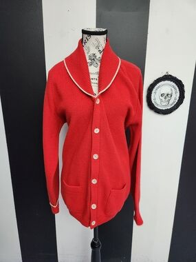 1940's Red Shawl Collar Button-Front Cardigan